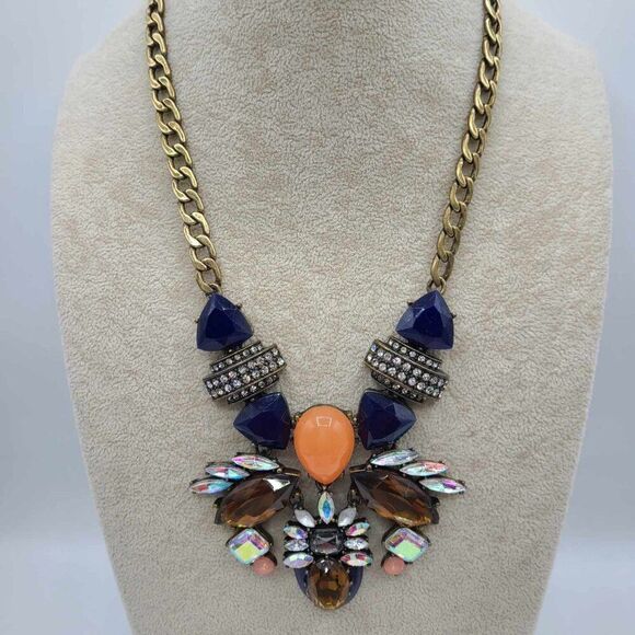 J Crew Chunky Vintage Navy Coral Resin with Large Amber & Clear Crystal Necklace - Picture 1 of 9